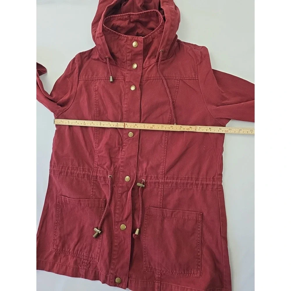 Forever 21 Burgundy Utility Jacket Womens Medium Hooded Anorak Cinch Waist Faded